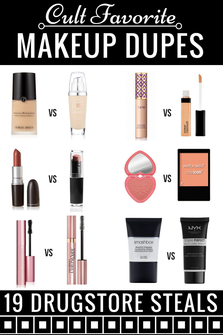 19 Drugstore Makeup Dupes! The ultimate guide to drugstore makeup dupes, most under $10! From foundation dupes to eyeshadow palettes and mascaras to drugstore lipstick dupes you have to see to believe this list of dupes for high-end makeup for less has all the cult favorites! Whether you’re looking for concealers, primers, blushes, or bronzers, this list of drugstore dupes has you covered! #dupes #makeup #drugstoremakeup #drugstoredupes